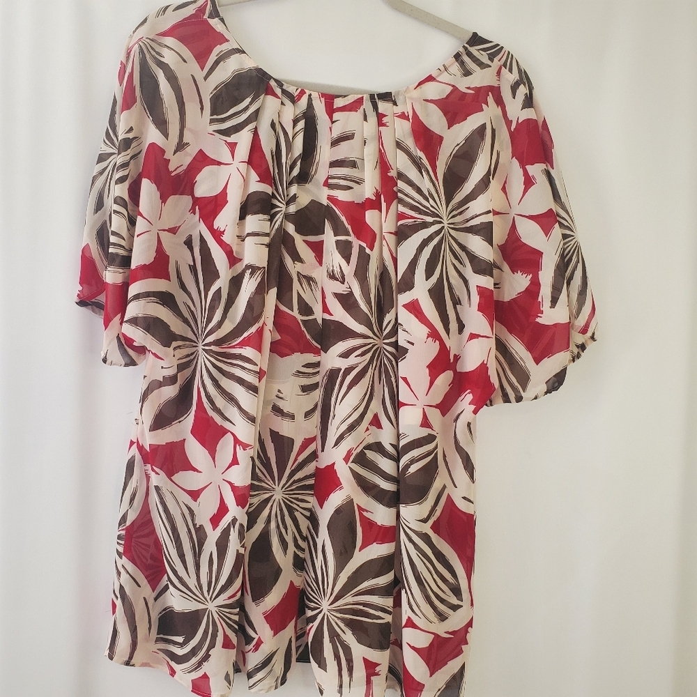Madison Size 2X double layer flutter sleeve, adjustable tie scoop neck blouse